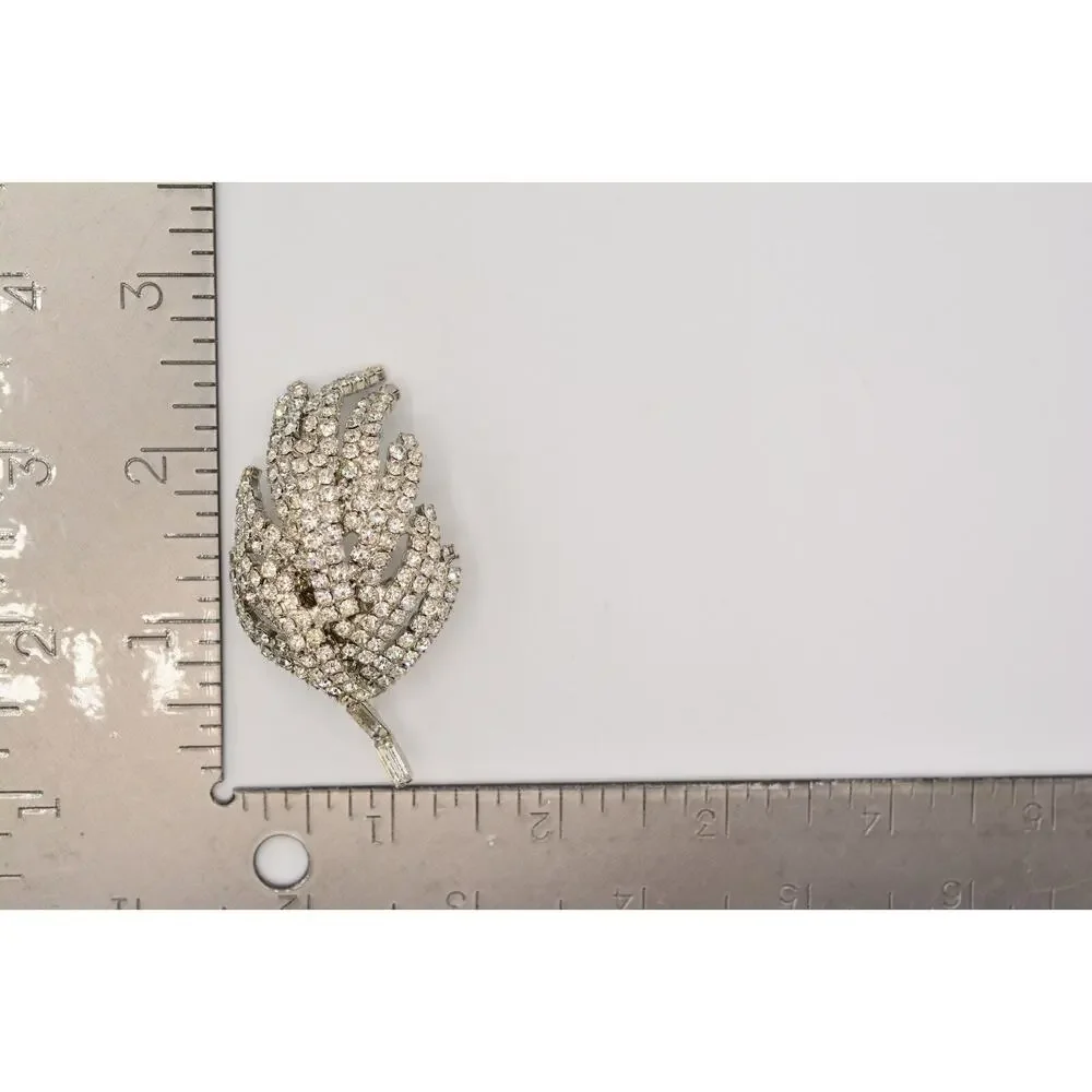 Vintage Crystal 3D Leaf Pin Brooch Baguette Prong Rhinestone Silver 1960s BinAL